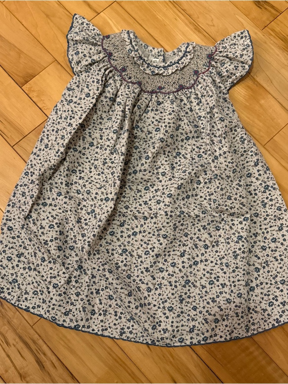 Classic Smocked Girls' Floral Dress in Blue and Cream